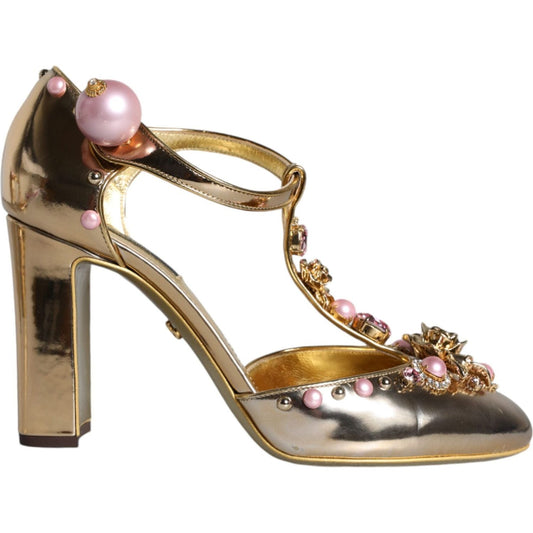 Dolce & Gabbana Gold Embellished Leather T-strap Heels Shoes Dolce & Gabbana