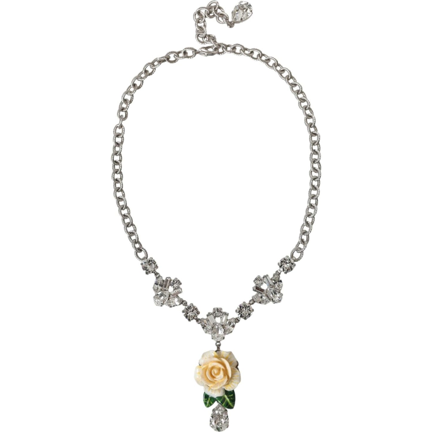 Dolce & Gabbana Silver Brass Clear Crystal Roses Pendants Necklace Dolce & Gabbana