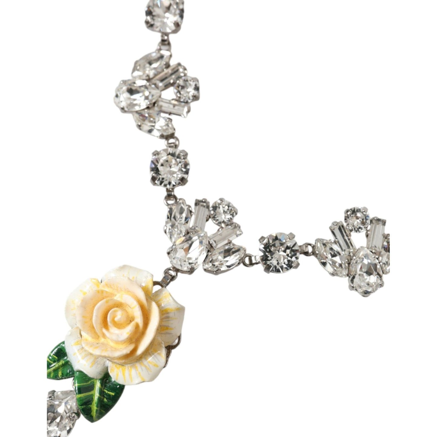 Dolce & Gabbana Silver Brass Clear Crystal Roses Pendants Necklace Dolce & Gabbana