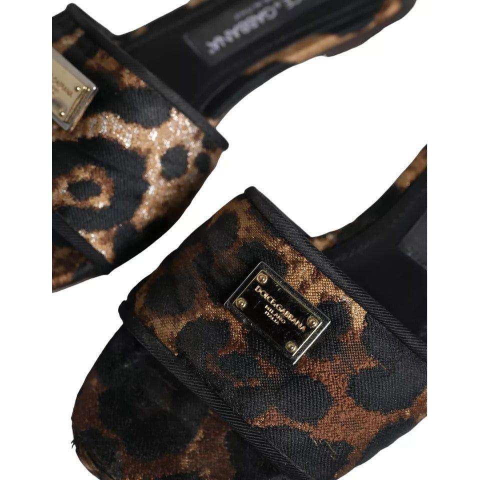 Dolce & Gabbana Brown Leopard Logo Slides Flats Sandals Shoes Dolce & Gabbana