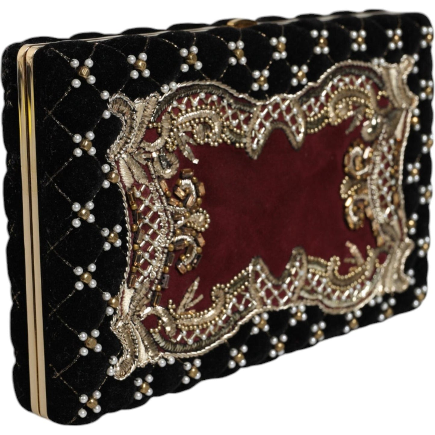 Dolce & Gabbana Bordeaux Black Velvet Gold Frame Clutch Evening Purse Bag Dolce & Gabbana