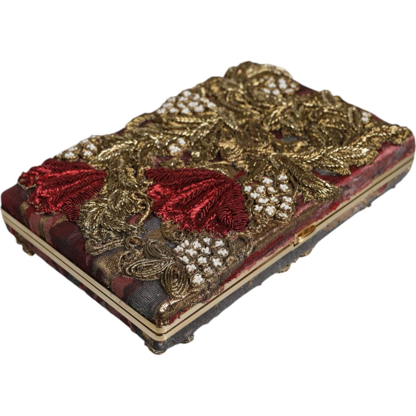 Dolce & Gabbana Maroon Gold Floral Jacquard Gold Frame Clutch Evening Purse Bag Dolce & Gabbana