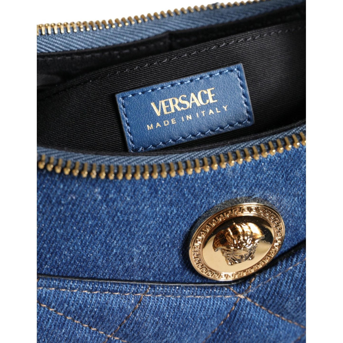 Versace Blue Quilted Denim Leather Top Handle Shoulder Bag Versace