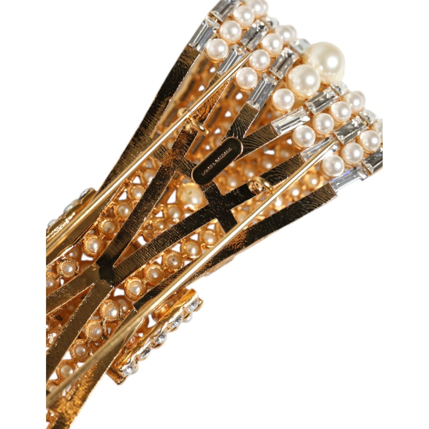 Dolce & Gabbana Gold Tone Brass Bow Crystal FauxPearl Embellished Brooch Dolce & Gabbana