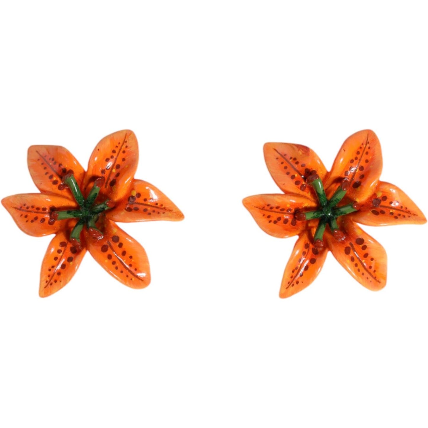 Dolce & Gabbana Orange Green Gold Brass Lily Flower Clip Floral Earrings Dolce & Gabbana