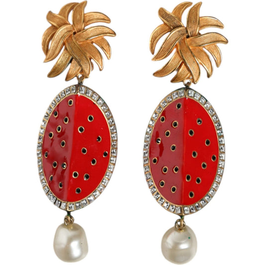 Dolce & Gabbana Red Watermelon Gold Brass Crystal Clip Dangling Earrings Dolce & Gabbana