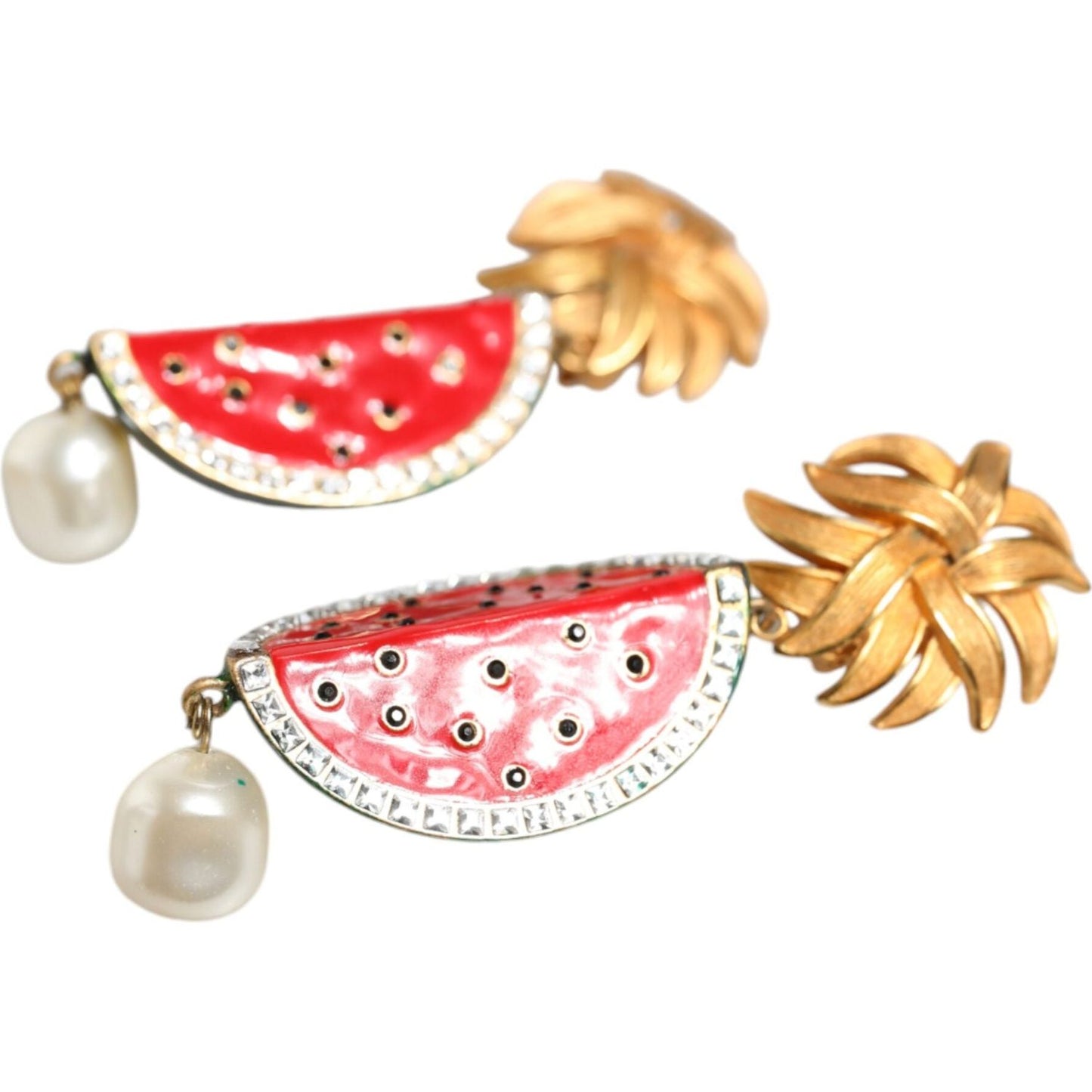 Dolce & Gabbana Red Watermelon Gold Brass Crystal Clip Dangling Earrings Earrings Dolce & Gabbana