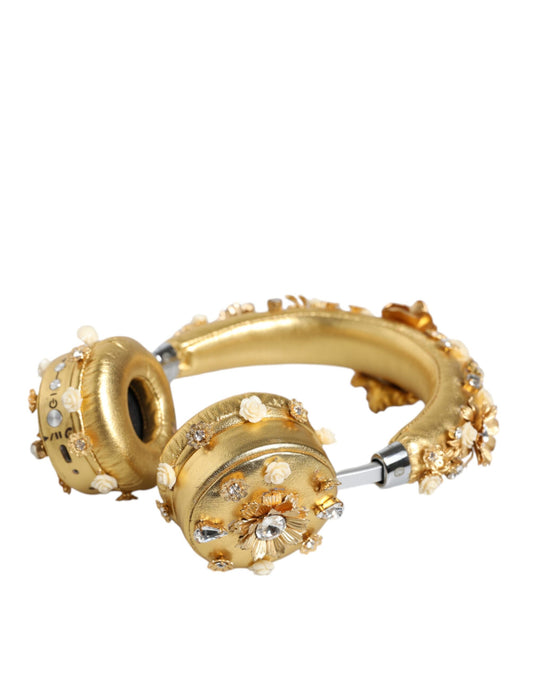 Dolce & Gabbana Gold Leather Floral Crystal Angel Headphones Dolce & Gabbana