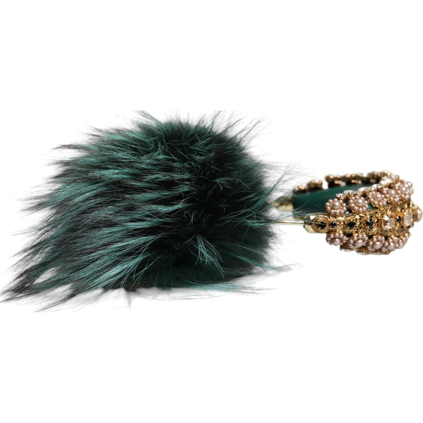 Dolce & Gabbana Green Gold Crystal Fur Headset Audio AUX Headphones Dolce & Gabbana