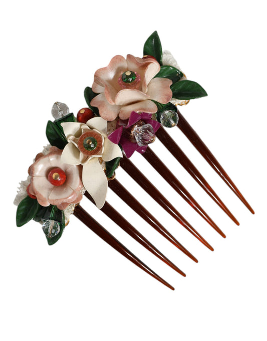 Dolce & Gabbana Brown Plastic Crystal Floral Women Hair Comb Dolce & Gabbana