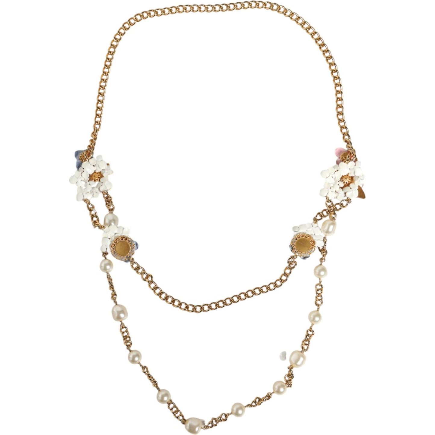 Dolce & Gabbana Gold Chain Brass Floral Layered Crystal Pearl Necklace Dolce & Gabbana