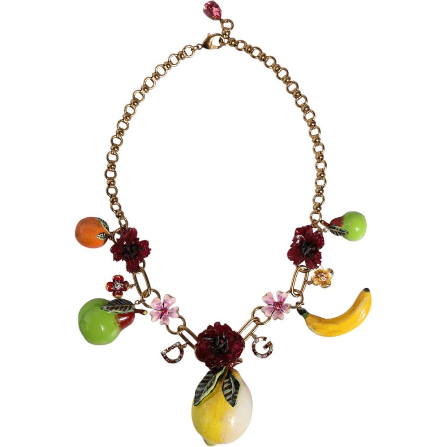 Dolce & Gabbana Gold Brass FRUIT Pendants Flowers Crystal Logo Necklace Dolce & Gabbana