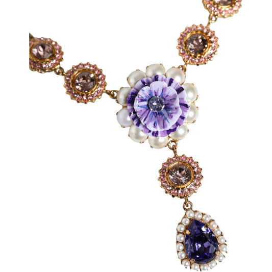 Dolce & Gabbana Gold Brass Crystal Purple Pink Pearl Pendants Necklace Dolce & Gabbana