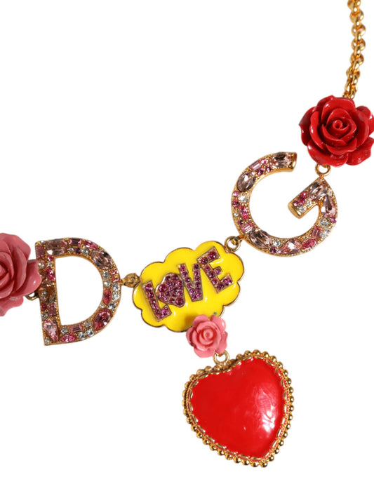 Dolce & Gabbana Gold Chain DG Logo Rose Love Crystal Charm Necklace Dolce & Gabbana