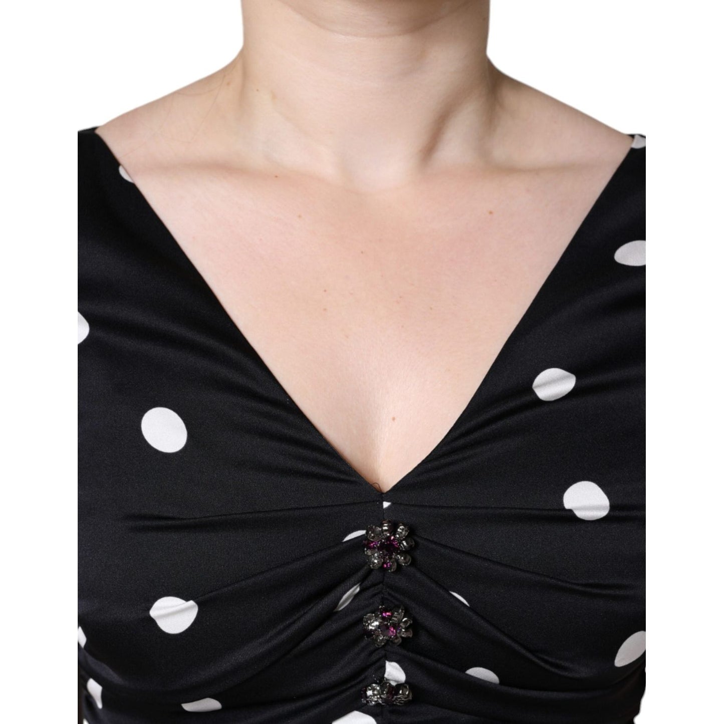 Dolce & Gabbana Black Silk Polka Dot V-neck Tassel Midi Dress Dolce & Gabbana