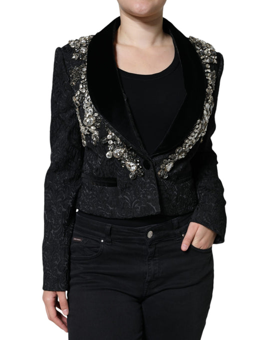 Dolce & Gabbana Black Jacquard Crystal Floral Jacket Blazer Dolce & Gabbana