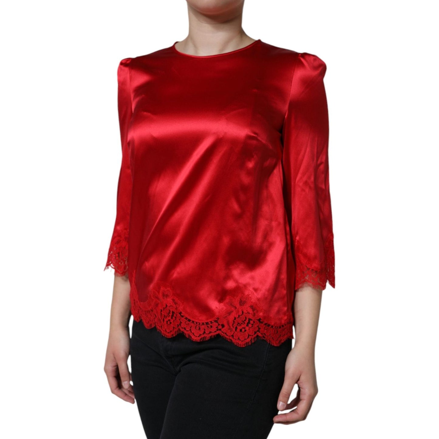 Dolce & Gabbana Red Satin Lace Trim Round Neck Blouse Top Dolce & Gabbana