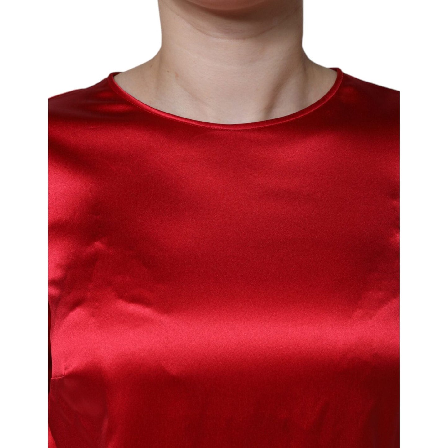 Dolce & Gabbana Red Satin Lace Trim Round Neck Blouse Top Dolce & Gabbana