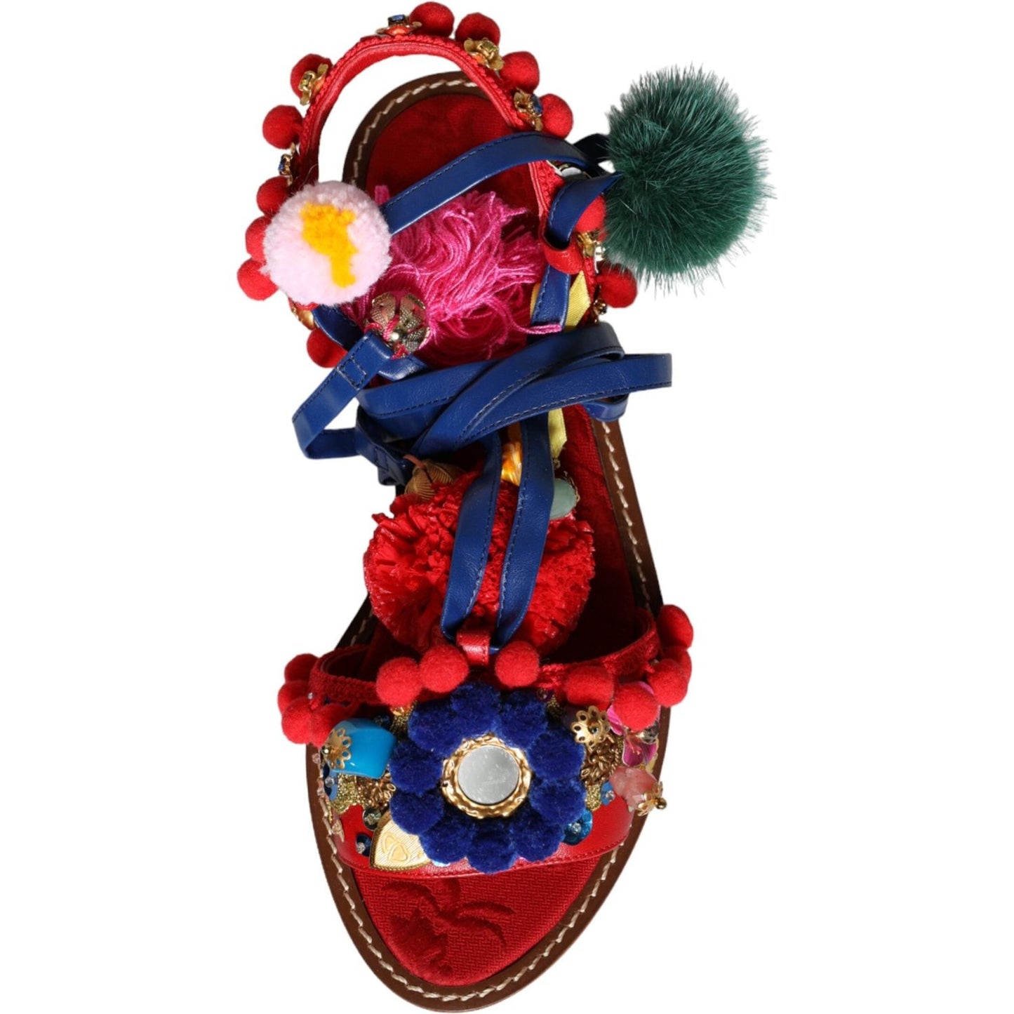 Dolce & Gabbana Multicolor Pom Pom Fur Wrap Sandals Shoes Dolce & Gabbana