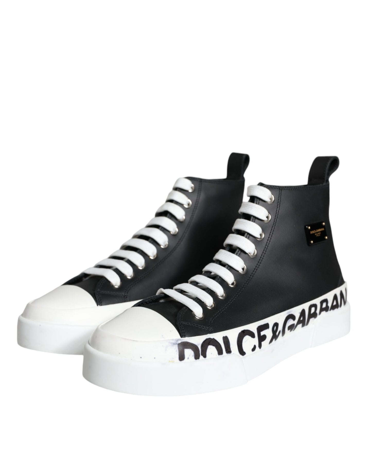 Dolce & Gabbana Black White Leather Mid Top Sneakers Shoes Dolce & Gabbana