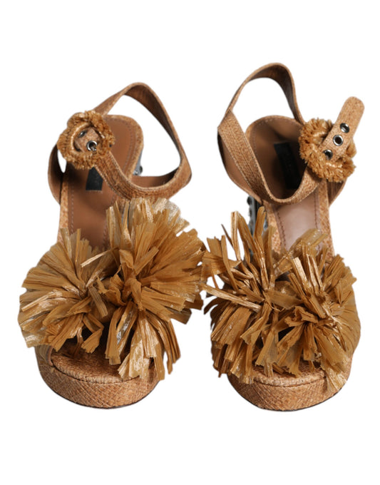 Dolce & Gabbana Brown Raffia Ankle Strap Crystal Sandals Shoes Dolce & Gabbana