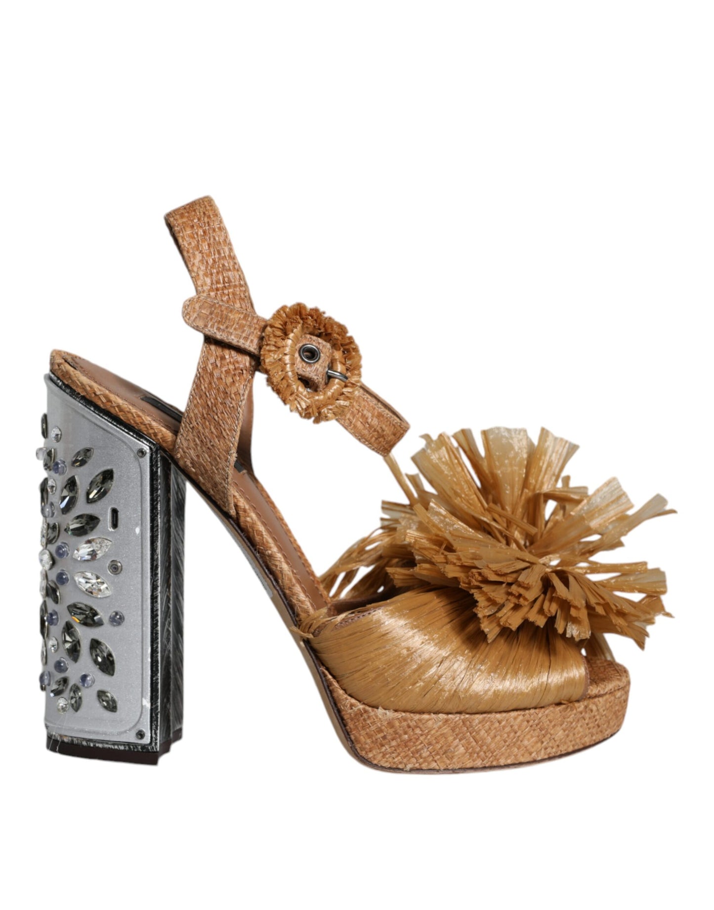 Dolce & Gabbana Brown Raffia Ankle Strap Crystal Sandals Shoes Dolce & Gabbana