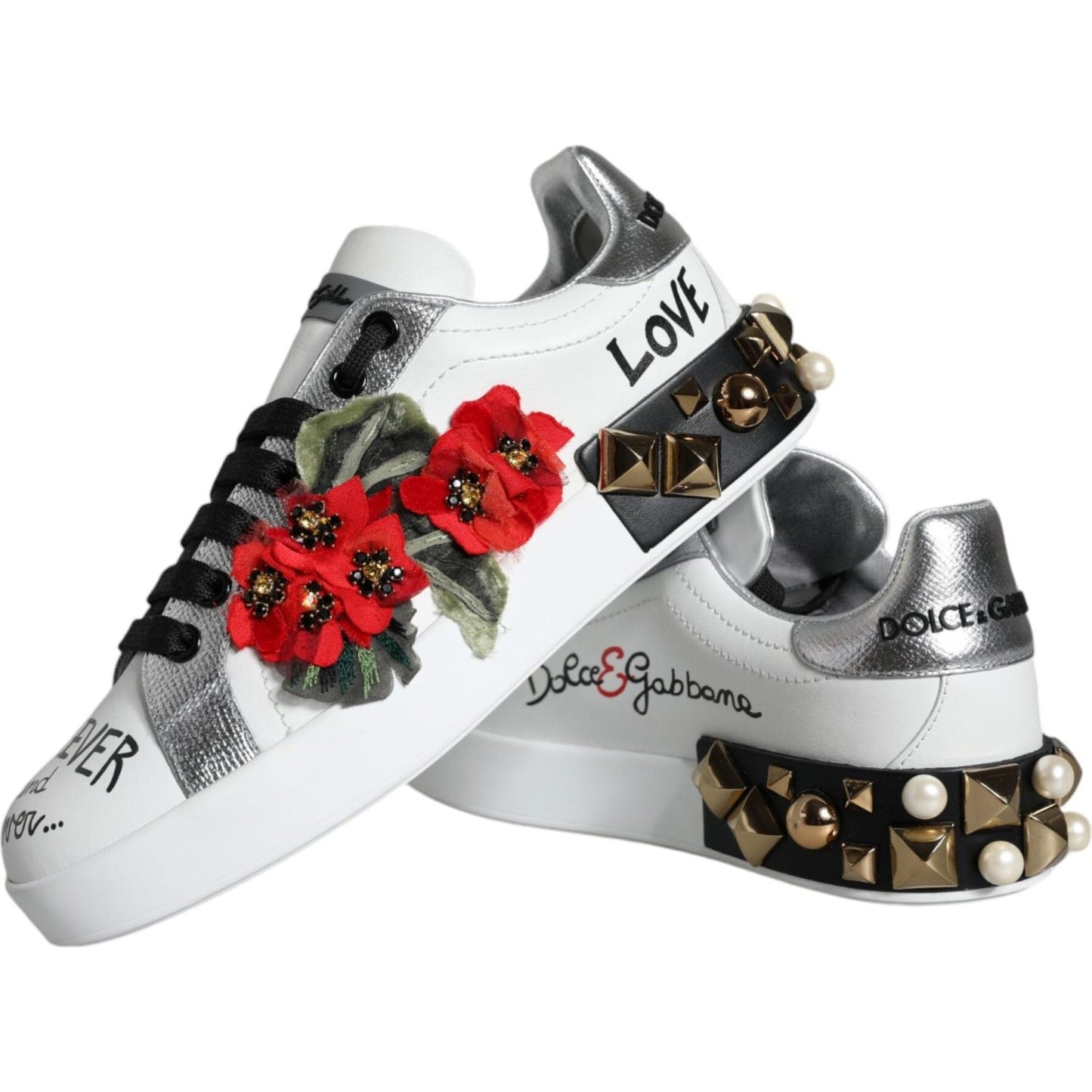 Dolce & Gabbana White Leather Floral Studded Sneakers Shoes Dolce & Gabbana