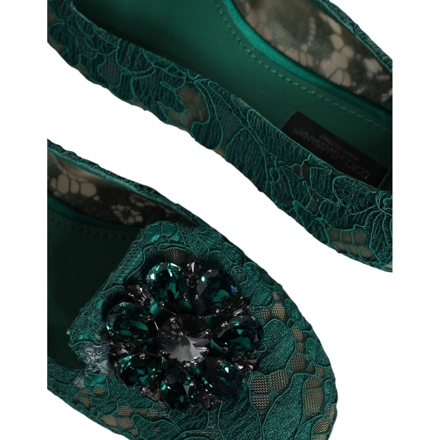 Dolce & Gabbana Green Lace Crystal Ballet Flats Loafers Shoes Dolce & Gabbana