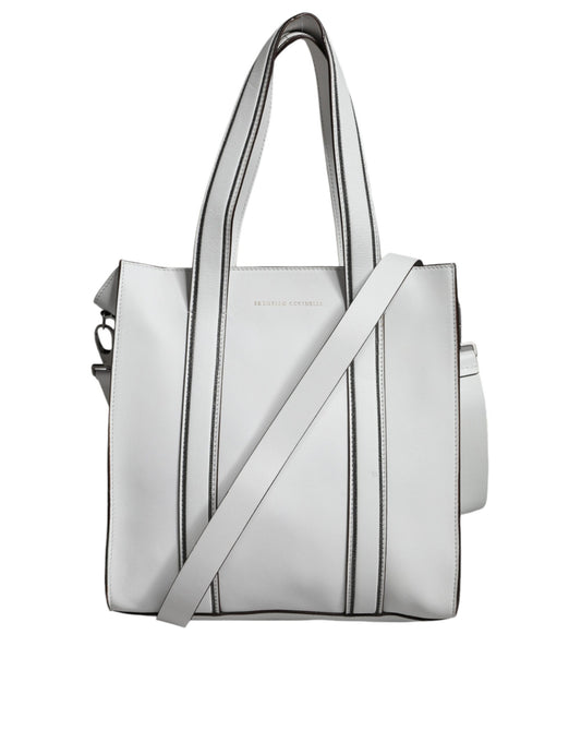 Brunello Cucinelli White Leather Logo Shoulder Strap Shopping Tote Bag Brunello Cucinelli