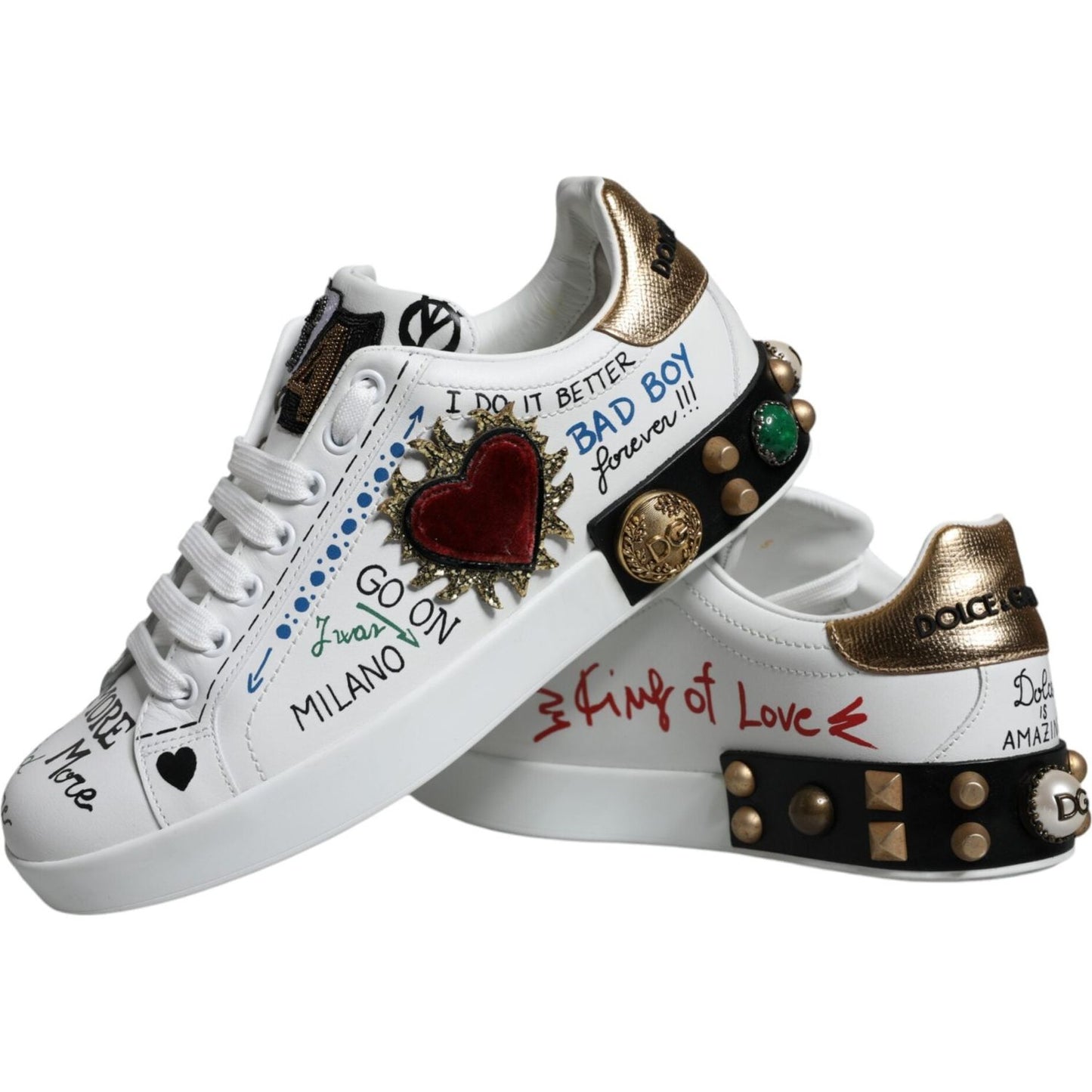 Dolce & Gabbana White Heart Studded Low Top Sneakers Shoes Dolce & Gabbana