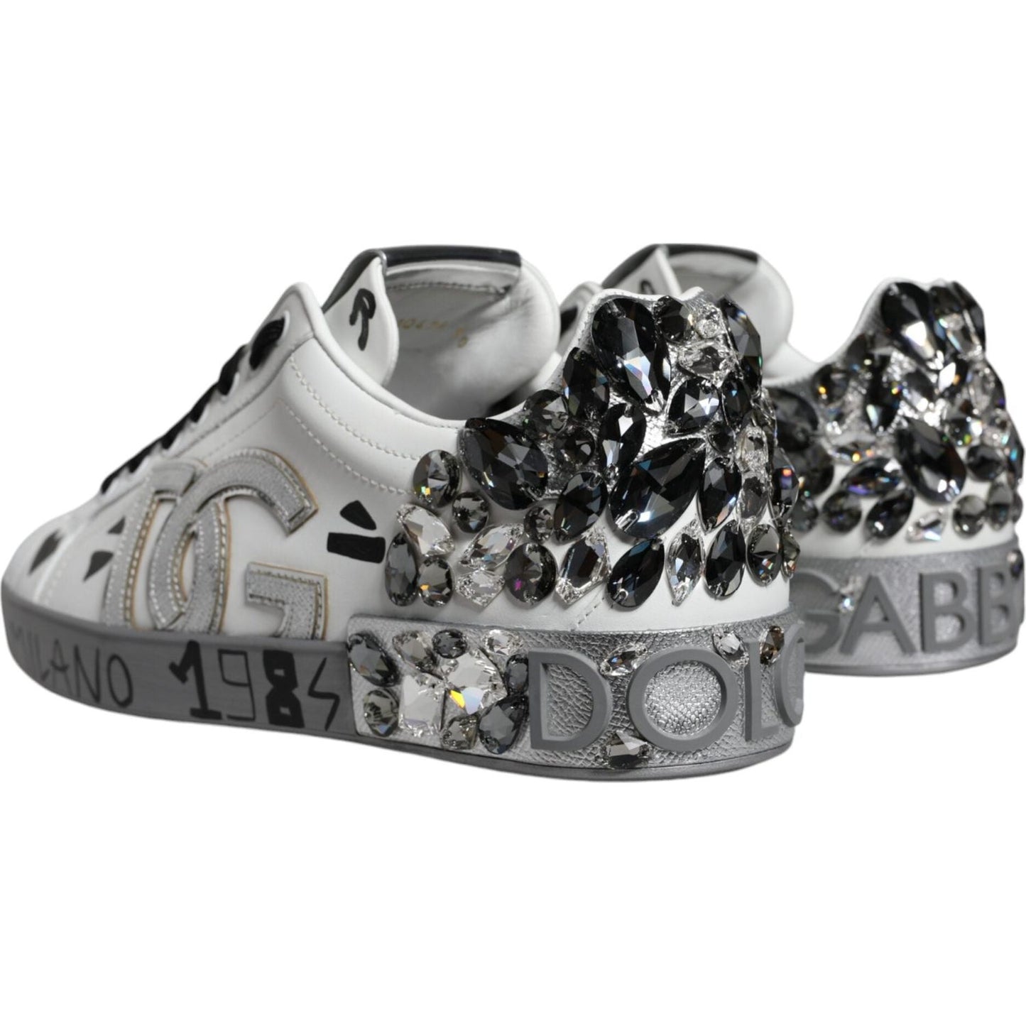 Dolce & Gabbana White Silver Crystal Logo Portofino Sneakers Shoes Dolce & Gabbana