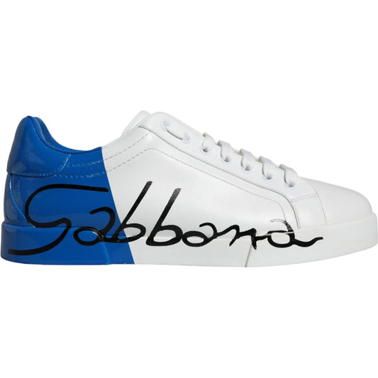 Dolce & Gabbana White Blue Leather Logo Low Top Sneakers Shoes