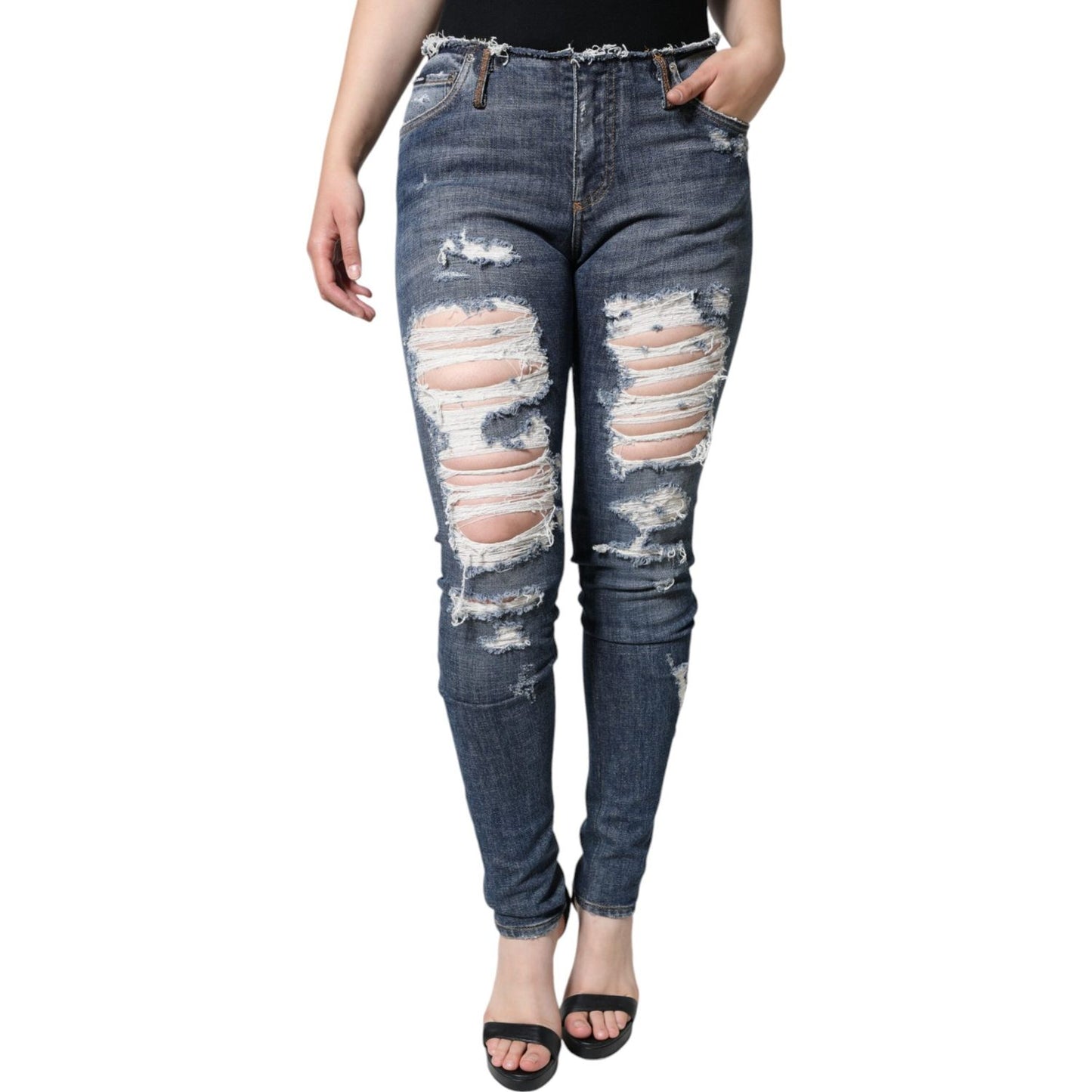 Dolce & Gabbana Blue Cotton Stretch Tattered Skinny Jeans Dolce & Gabbana Dark Slate Gray