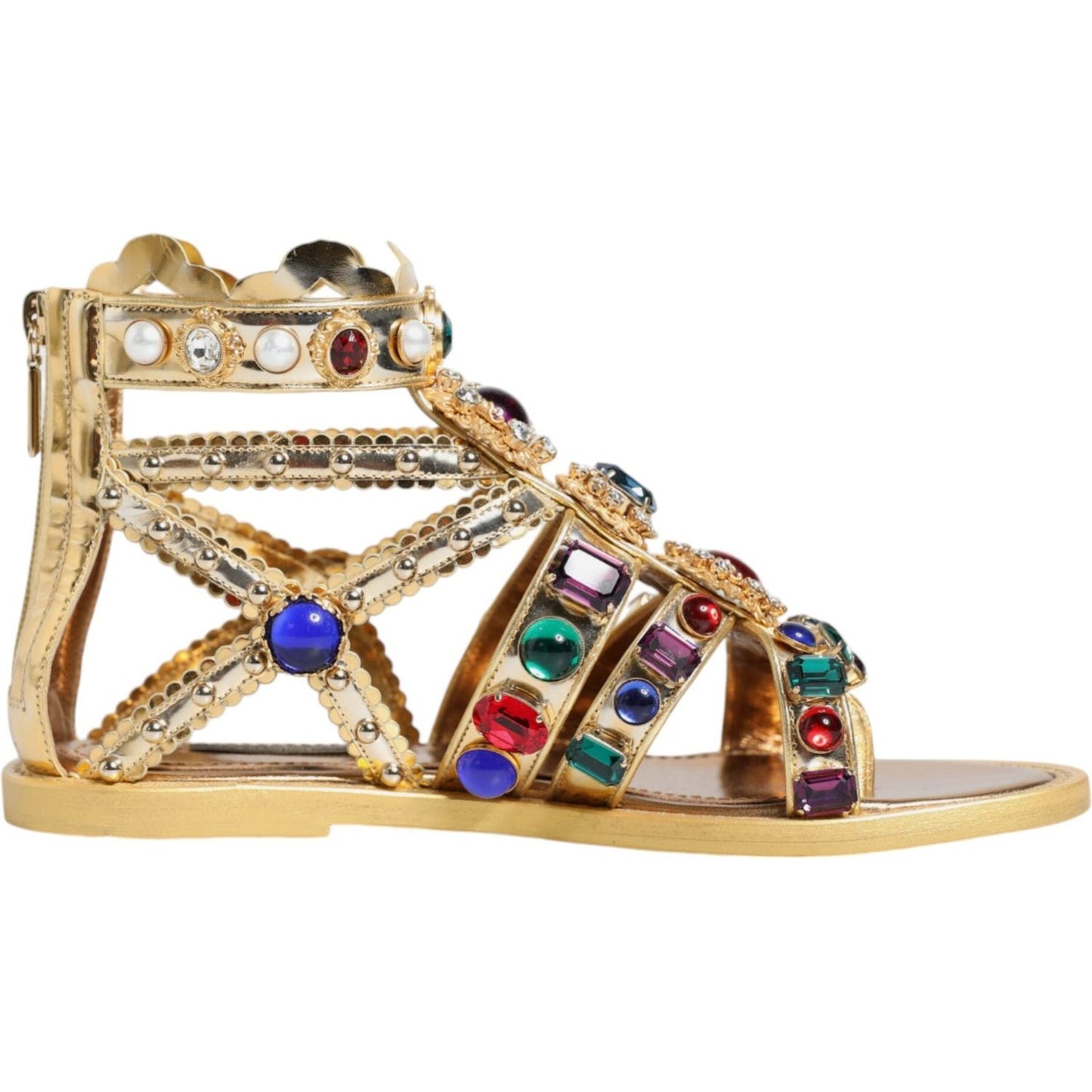 Dolce & Gabbana Gold Leather Crystal Gladiator Sandals Flats Shoes Dolce & Gabbana