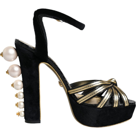 Dolce & Gabbana Black Leather Faux Pearl Heel Sandals Shoes Dolce & Gabbana