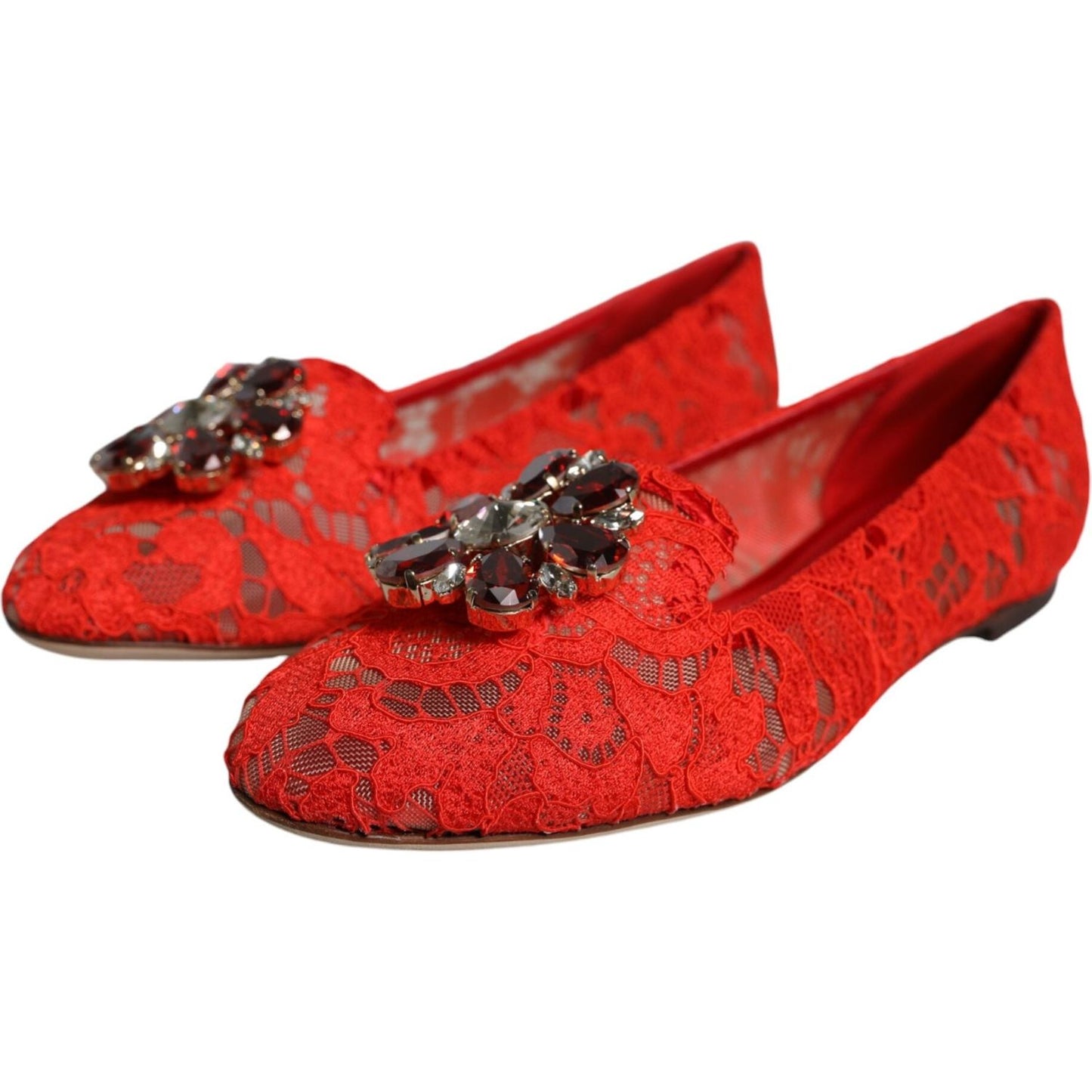 Dolce & Gabbana Red Lace Crystal Ballet Flats Loafers Shoes Dolce & Gabbana