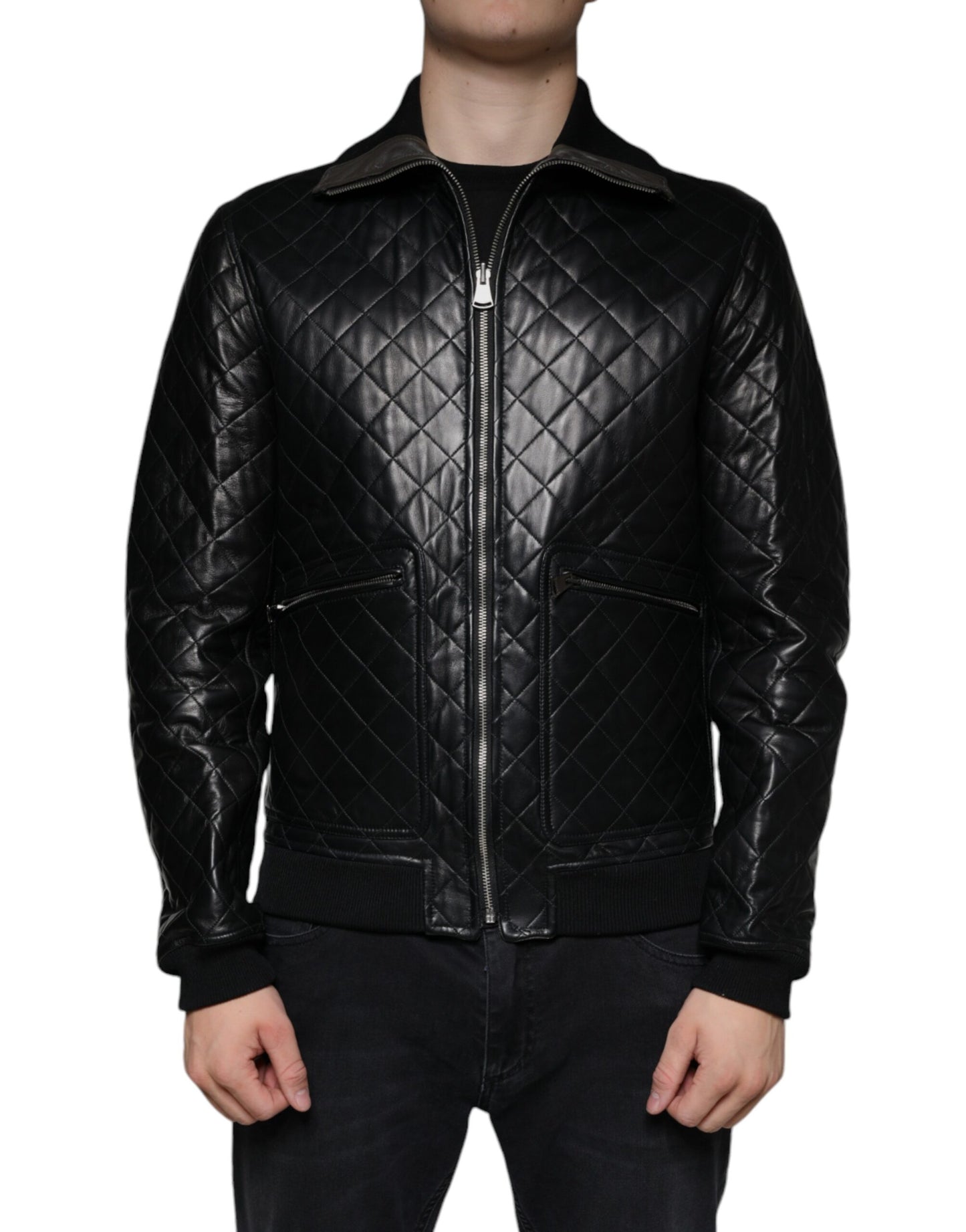 Dolce & Gabbana Black Calf Leather Quilted Full Zip Jacket Dolce & Gabbana