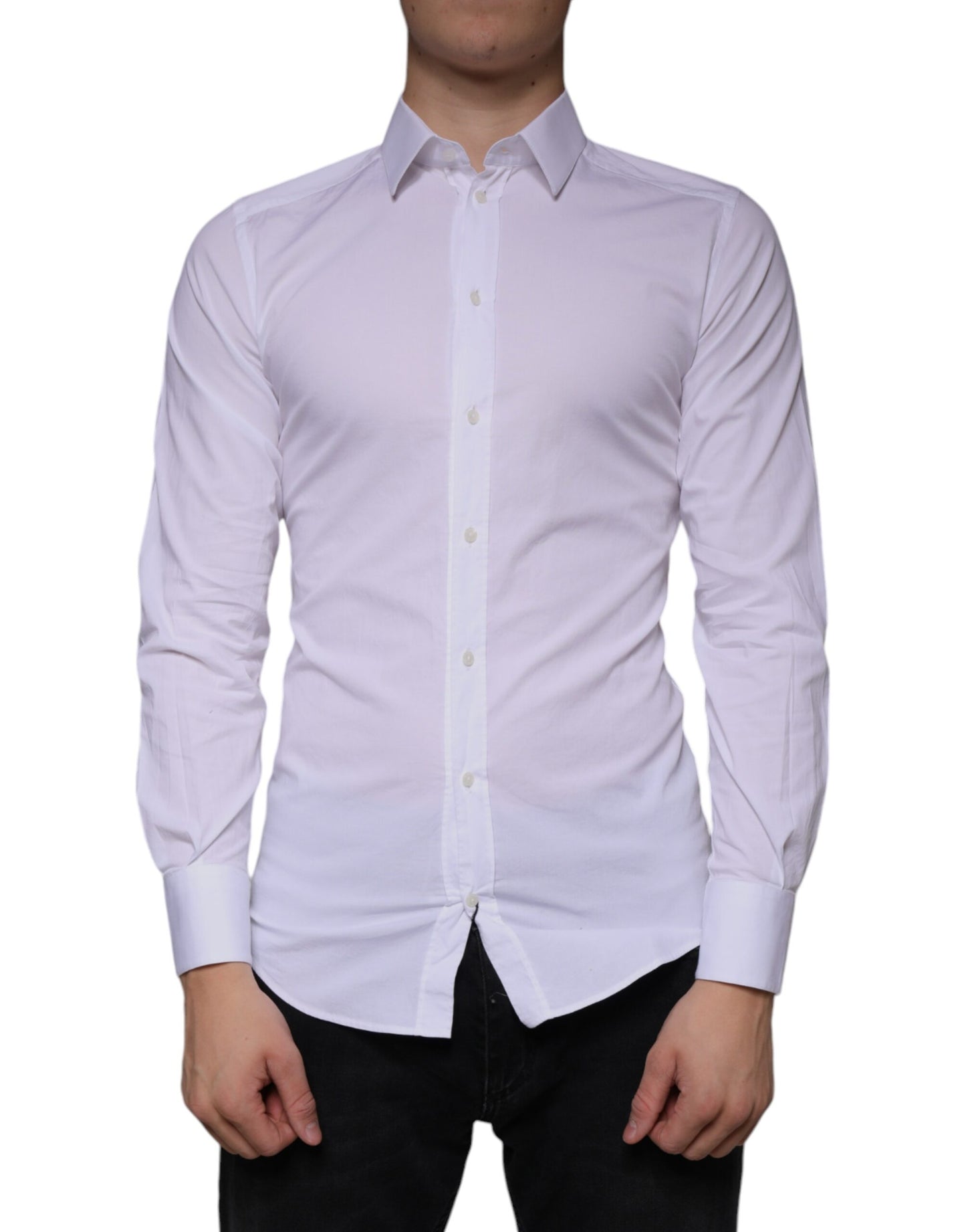 Dolce & Gabbana White Cotton Stretch Dress GOLD Formal Shirt Dolce & Gabbana