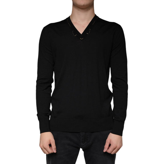 Dolce & Gabbana Black Embellished V-neck Pullover Sweater