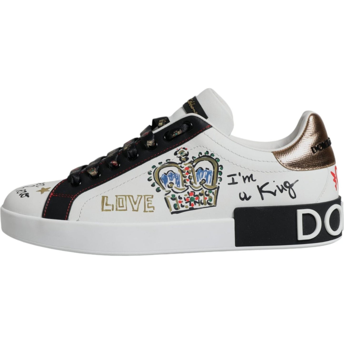 Dolce & Gabbana White Leather Crown Embellished Sneaker Shoes