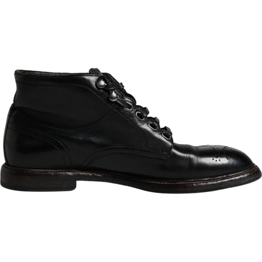 Dolce & Gabbana Black Leather Men Short Boots Lace Up Shoes Dolce & Gabbana Black