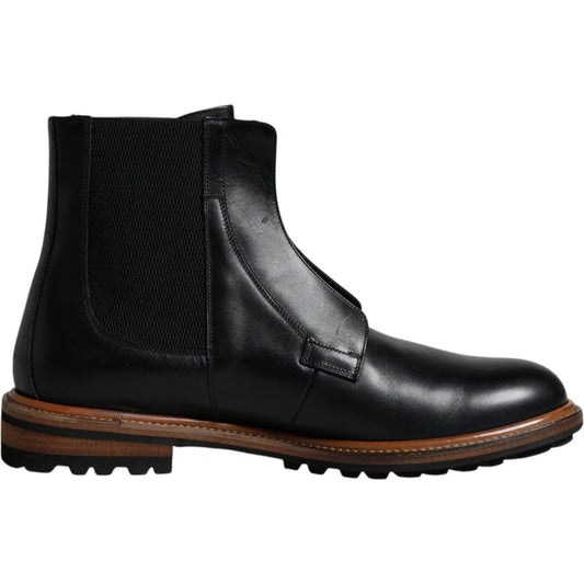 Dolce & Gabbana Black Leather Chelsea Mid Calf Men Boots Shoes