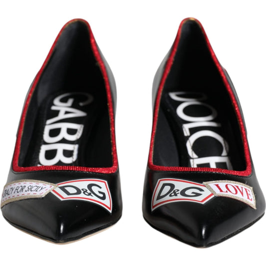 Dolce & Gabbana Black Leather Logo Print Heels Pumps Shoes Dolce & Gabbana