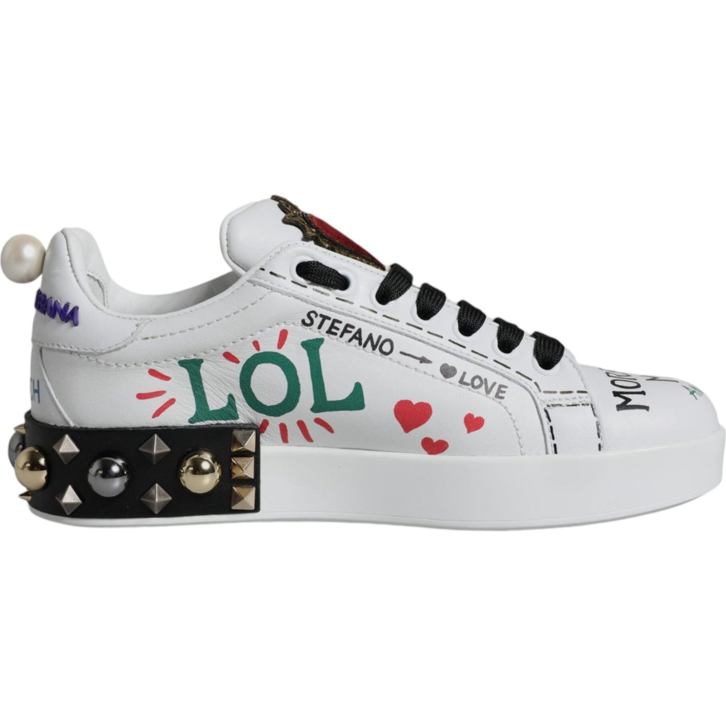 Dolce & Gabbana White Heart Studded Low Top Sneakers Shoes Dolce & Gabbana