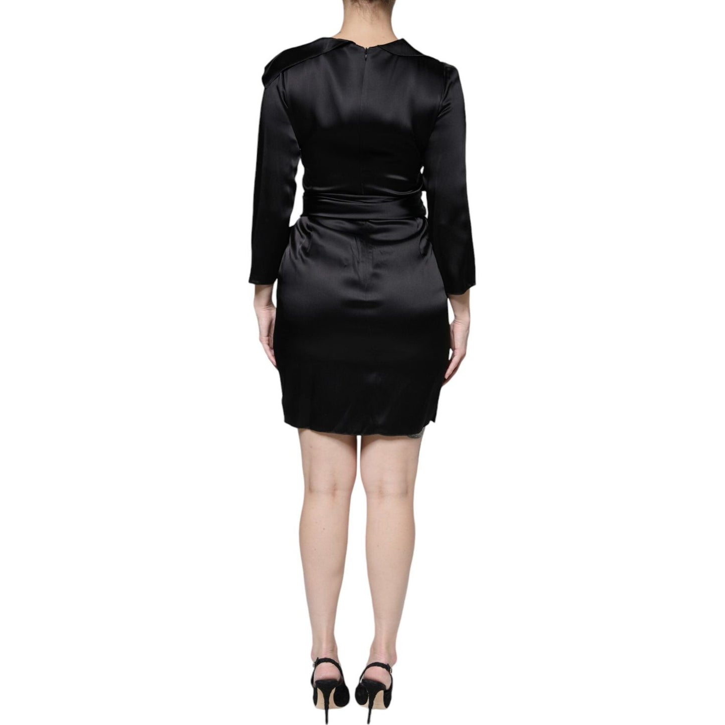 Emporio Armani Black Satin Long Sleeves Wrap Sheath Mini Dress Emporio Armani