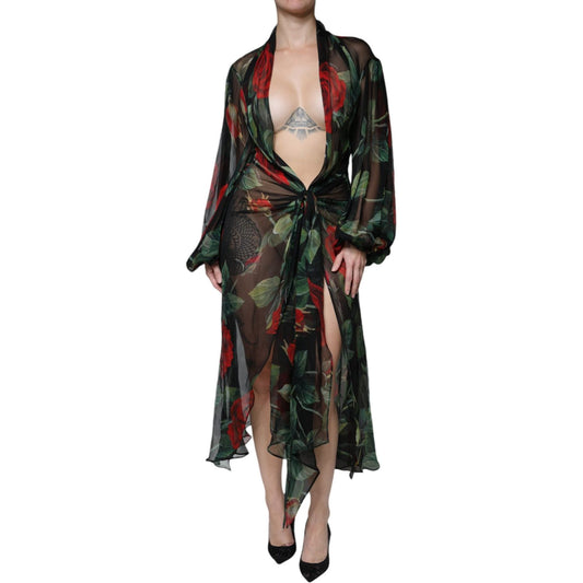 Dolce & Gabbana Black Floral Silk Wrap See Through Dress