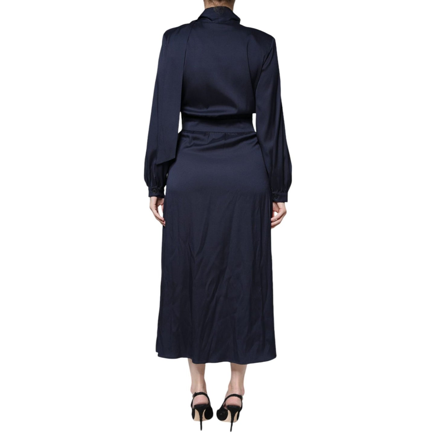 Ballantyne Dark Blue Long Sleeves Pleated A-line Maxi Dress Ballantyne
