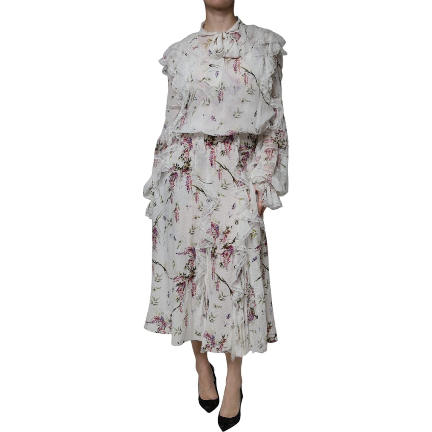 Ermanno Scervino White Floral Ruffles Lace Long Sleeves Maxi Dress Ermanno Scervino