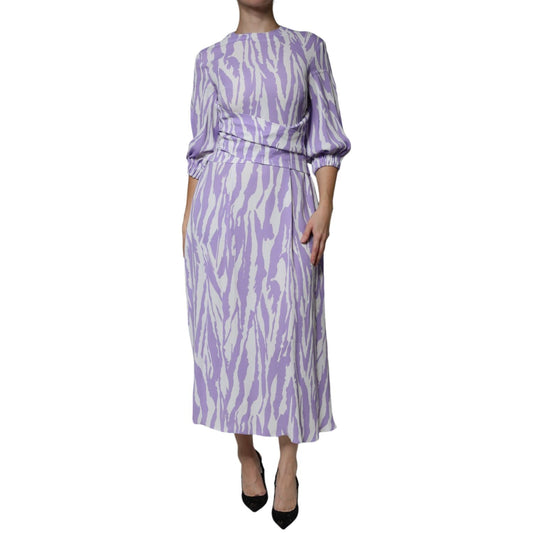 MSGM White Purple Patterned Viscose Short Sleeves Maxi Dress MSGM