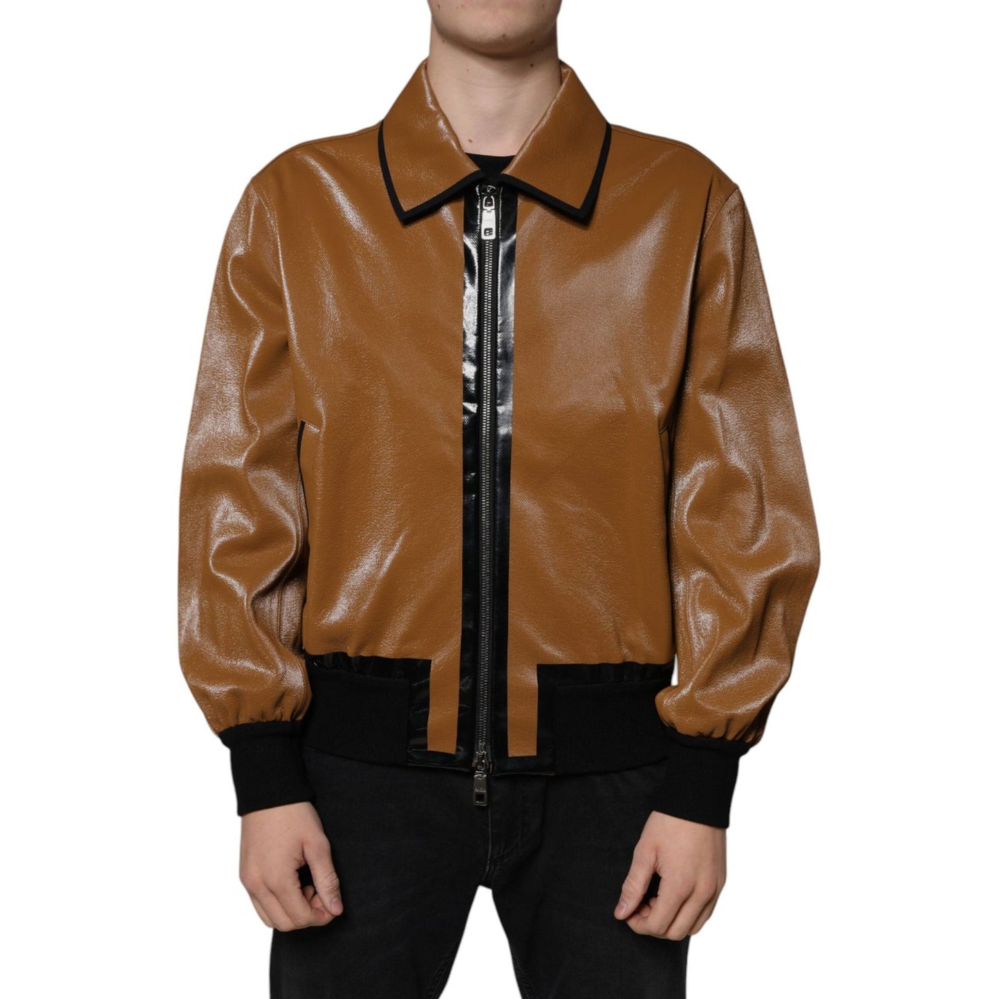 Dolce & Gabbana Brown Leather Full Zip Men Bomber Jacket Dolce & Gabbana Sienna